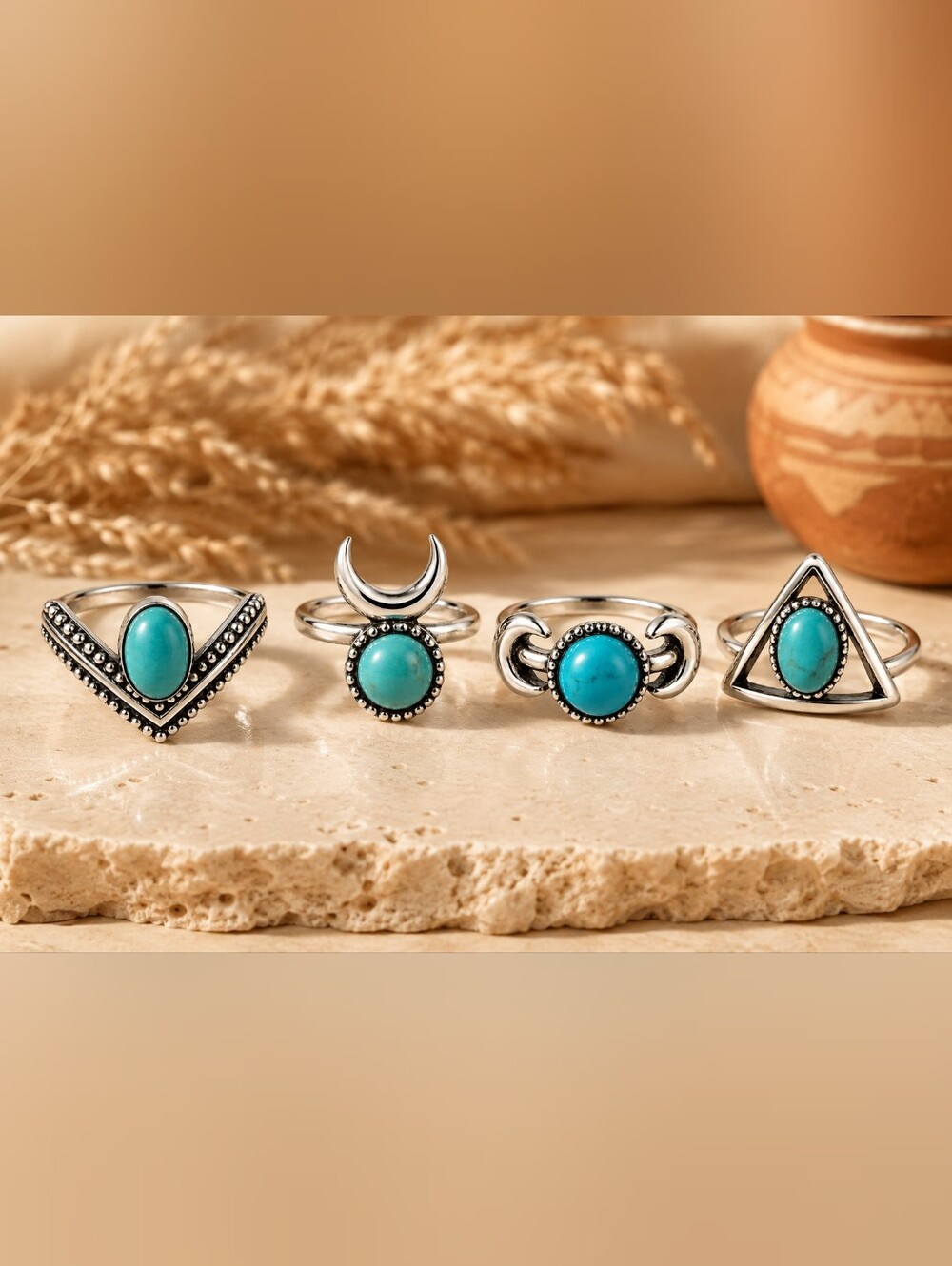 Turquoise Stone Boho Ring Set – Women Jewelry